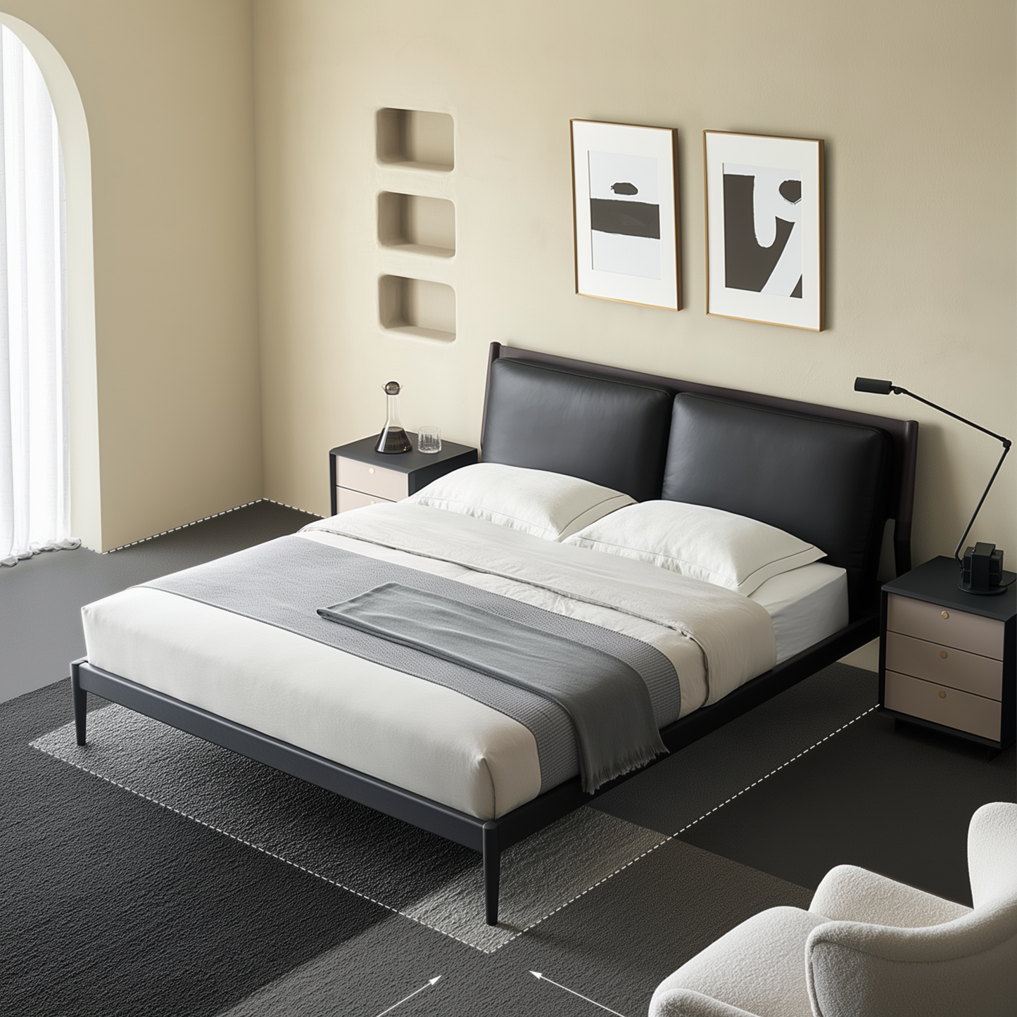 Truffle Cream Leather Bed-Black