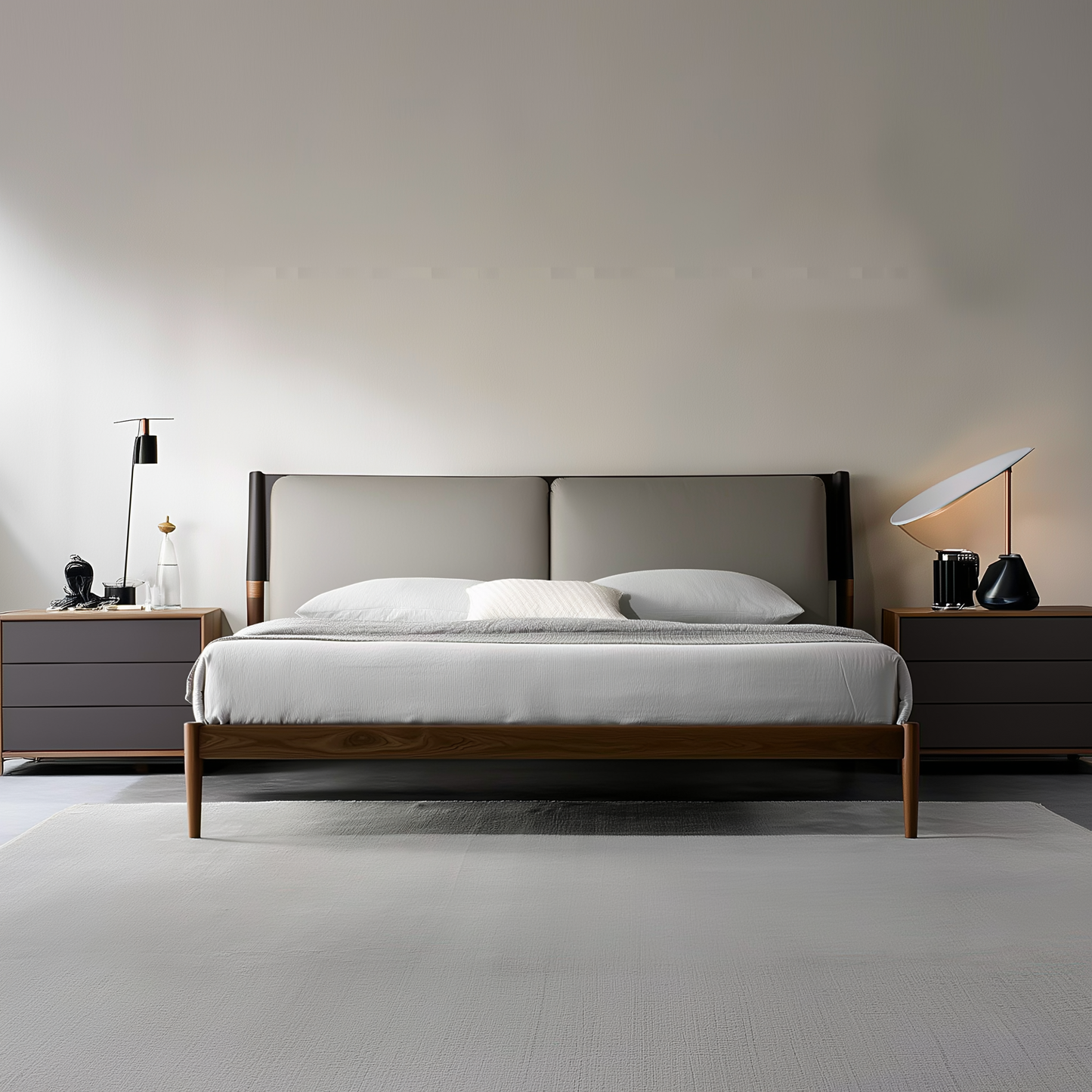 Truffle Cream Leather Bed-Walnut