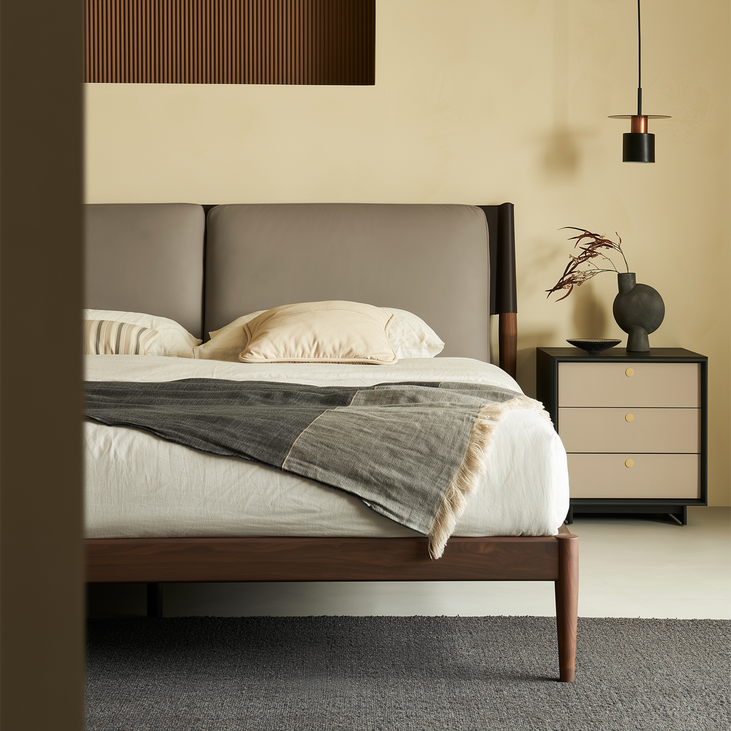 Truffle Cream Leather Bed-Walnut