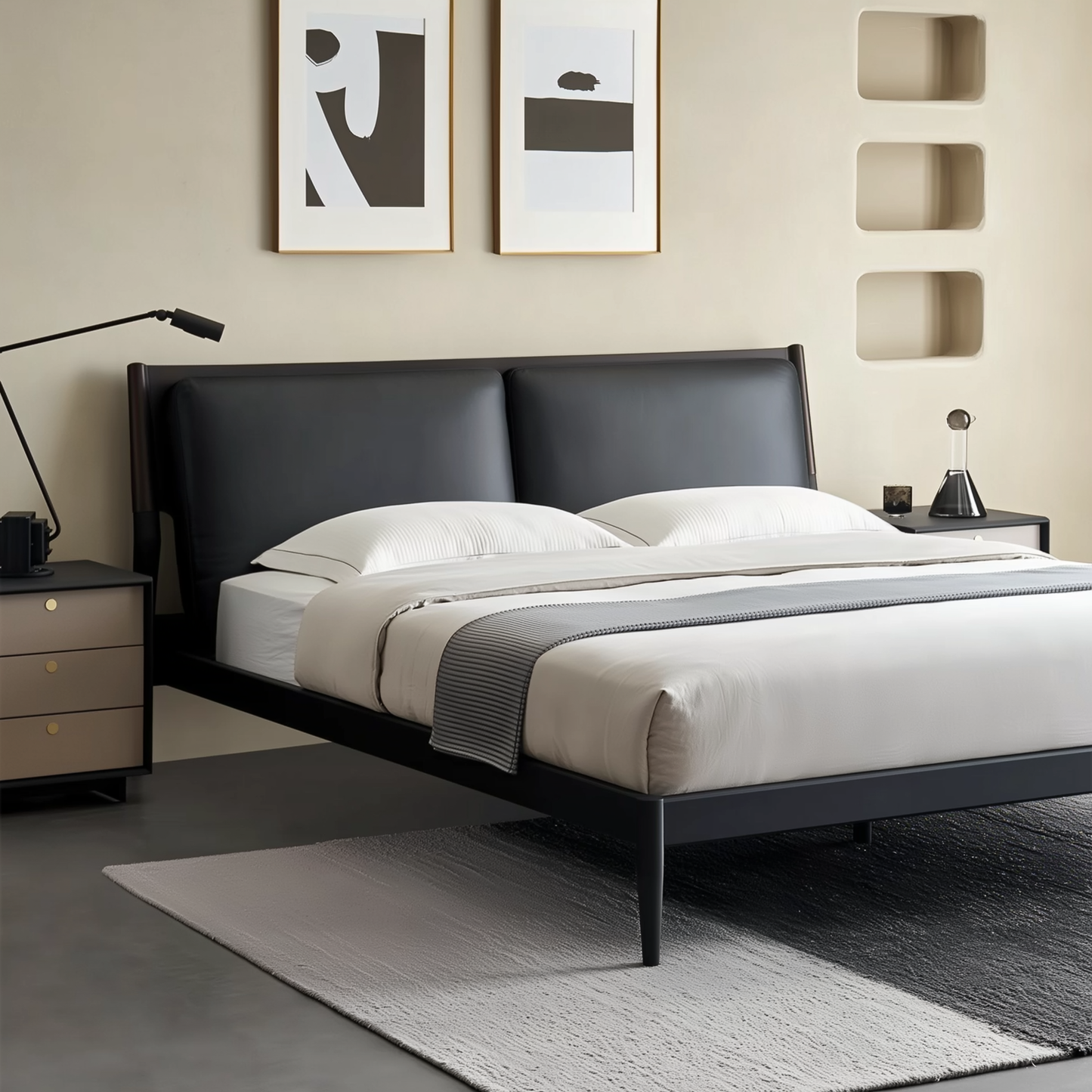 Truffle Cream Leather Bed-Black