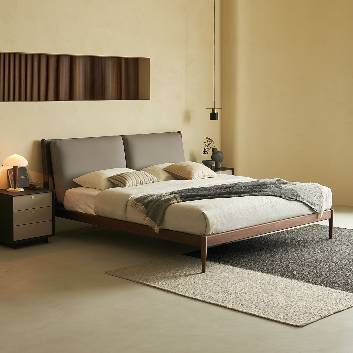 Truffle Cream Leather Bed-Walnut