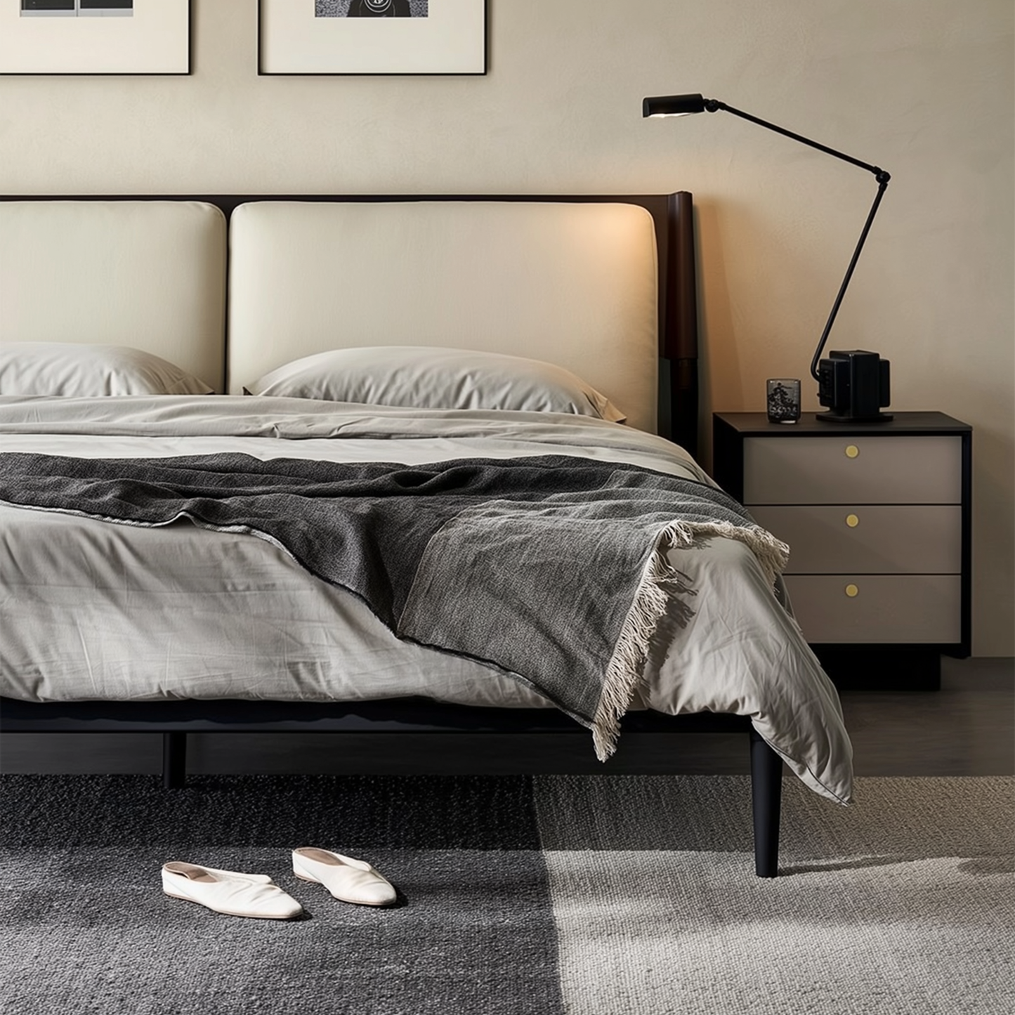 Truffle Cream Leather Bed-Beige