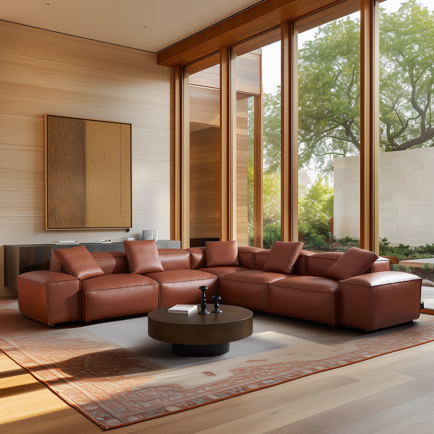 Cube Modular Brown Genuine Leather Corner Sectional-Brown