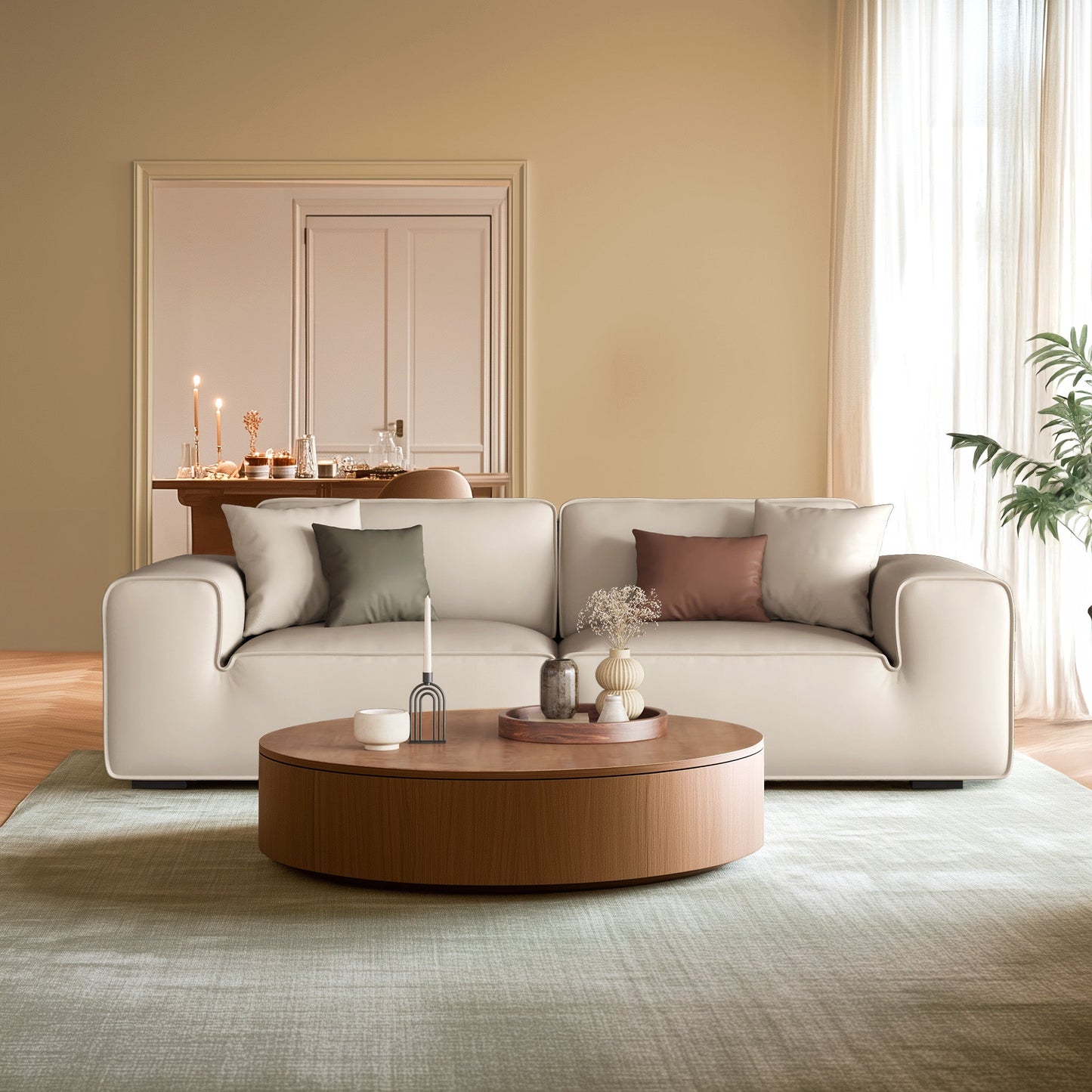 Domus Modular Beige Leather Sofa-Beige
