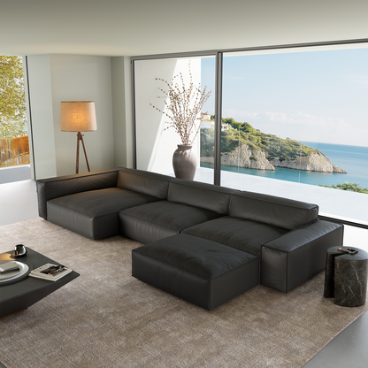 Luxury Minimalist Black Leather Sectional and Ottoman-Black