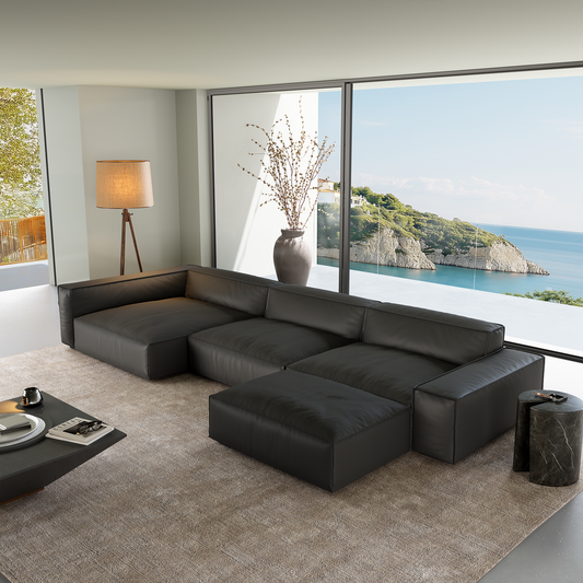 Luxury Minimalist Black Leather Sectional and Ottoman-Black