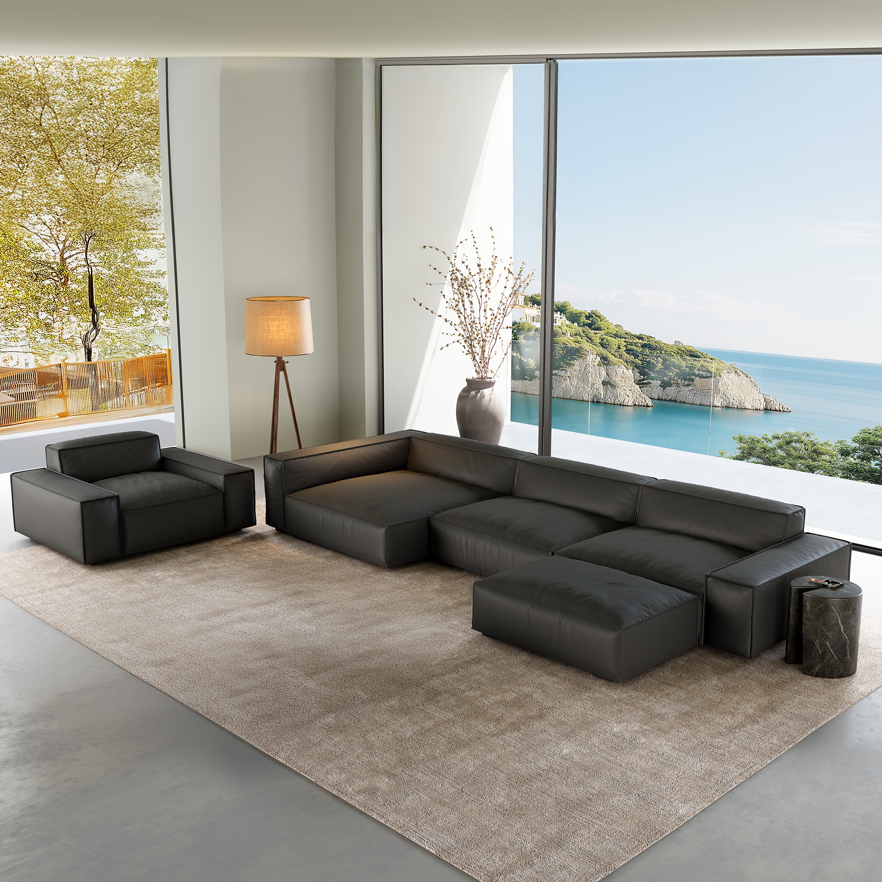 Luxury Minimalist Black Leather Sectional Set-Black