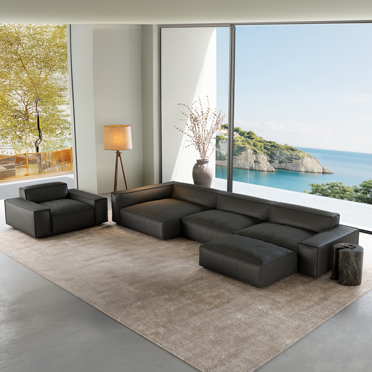 Luxury Minimalist Black Leather Sectional Set-Black