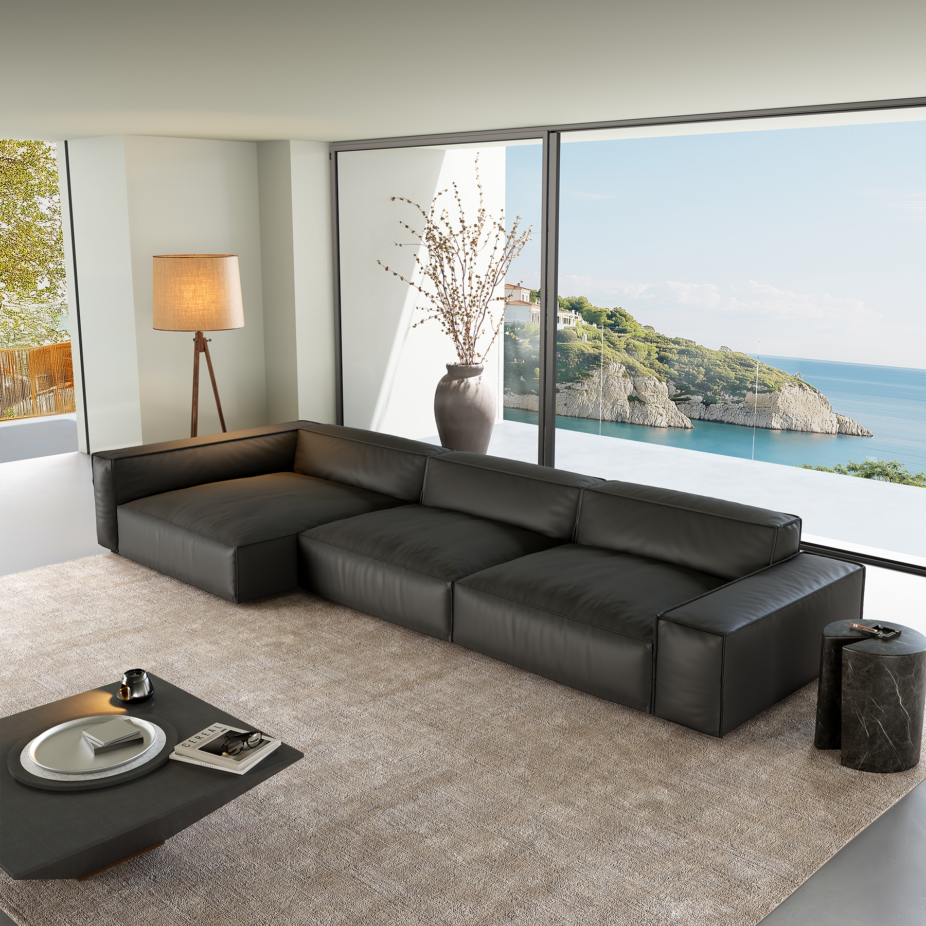 Luxury Minimalist Black Leather Sectional-Black