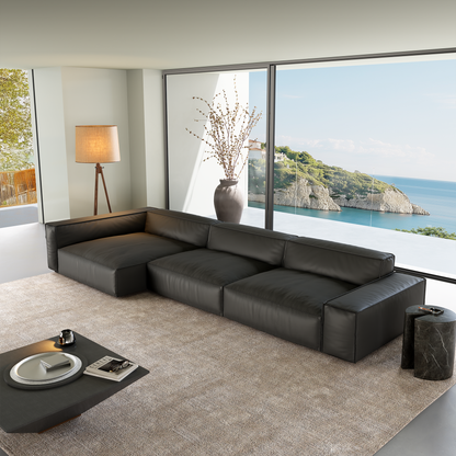 Luxury Minimalist Black Leather Sectional-Black
