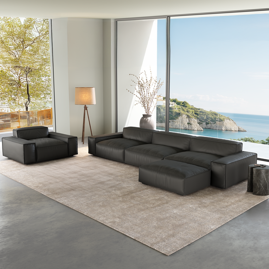 Luxury Minimalist Black Leather Sofa Set-Black