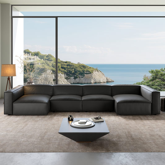 Canapé sectionnel en U en cuir noir minimaliste de luxe