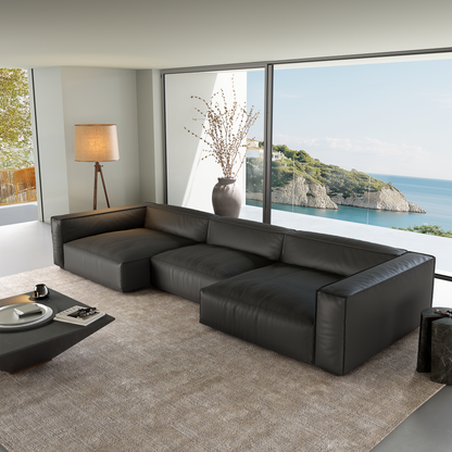 Luxury Minimalist Black Leather U Shaped Sectional Sofa-Black