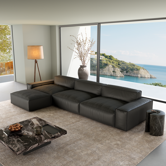 Luxury Minimalist Leather Black Sofa and Ottoman-Black