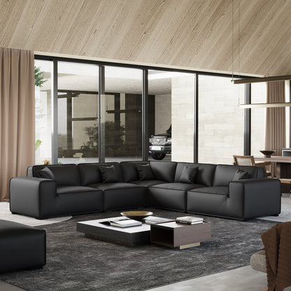 Domus Modular Black Leather Sectional Sofa-Black-5 Seater(126.8")