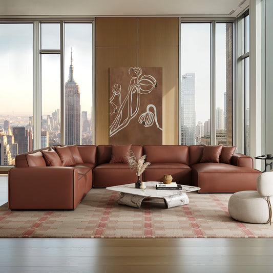 Domus Modular Brown Leather U Shaped Sectional-Brown