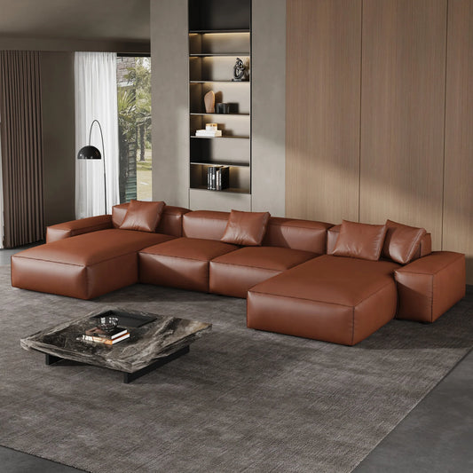 Cube Modular Brown Genuine Leather Double Chaise Sectional
