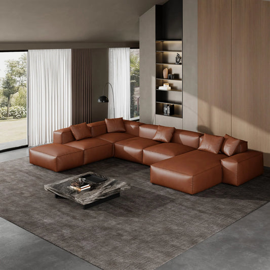 Cube Modular Brown Genuine Leather U-Shaped Sectional with Ottoman