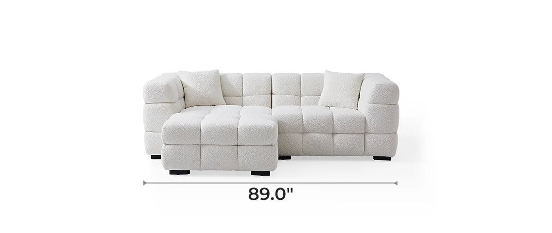 Cushy White Boucle Fabric Tufted Sofa With Ottoman