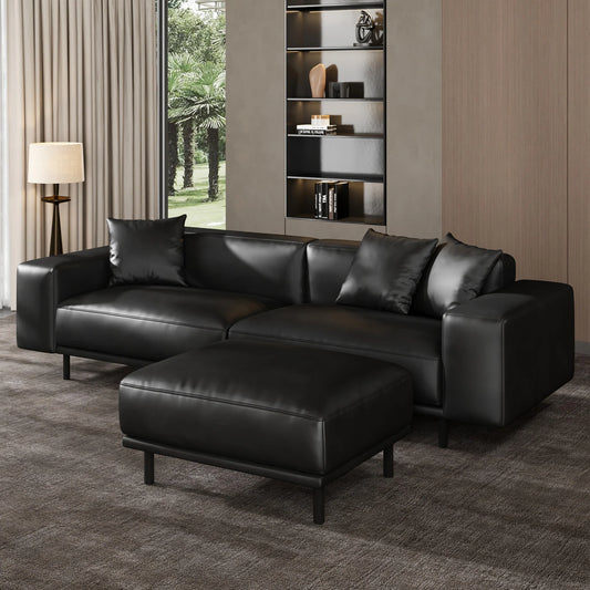 Noble Black Leather Sofa and Ottoman