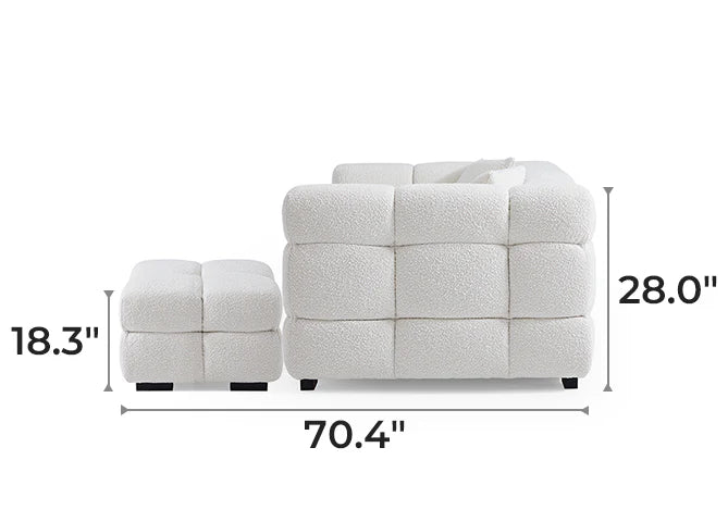 Cushy White Boucle Fabric Tufted Sofa With Ottoman