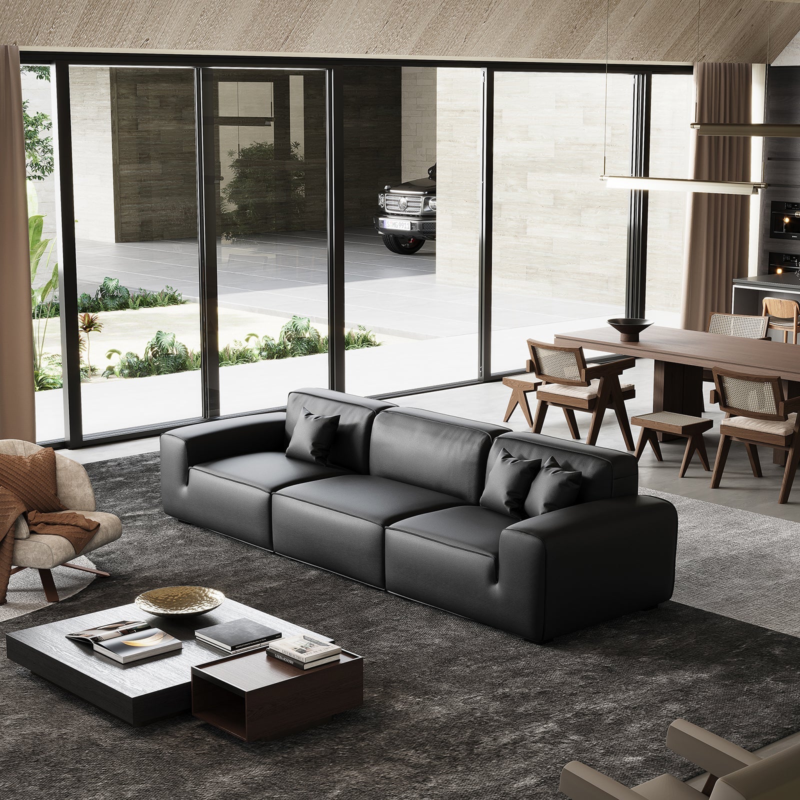 Domus Modular Black Leather Sofa-Black
