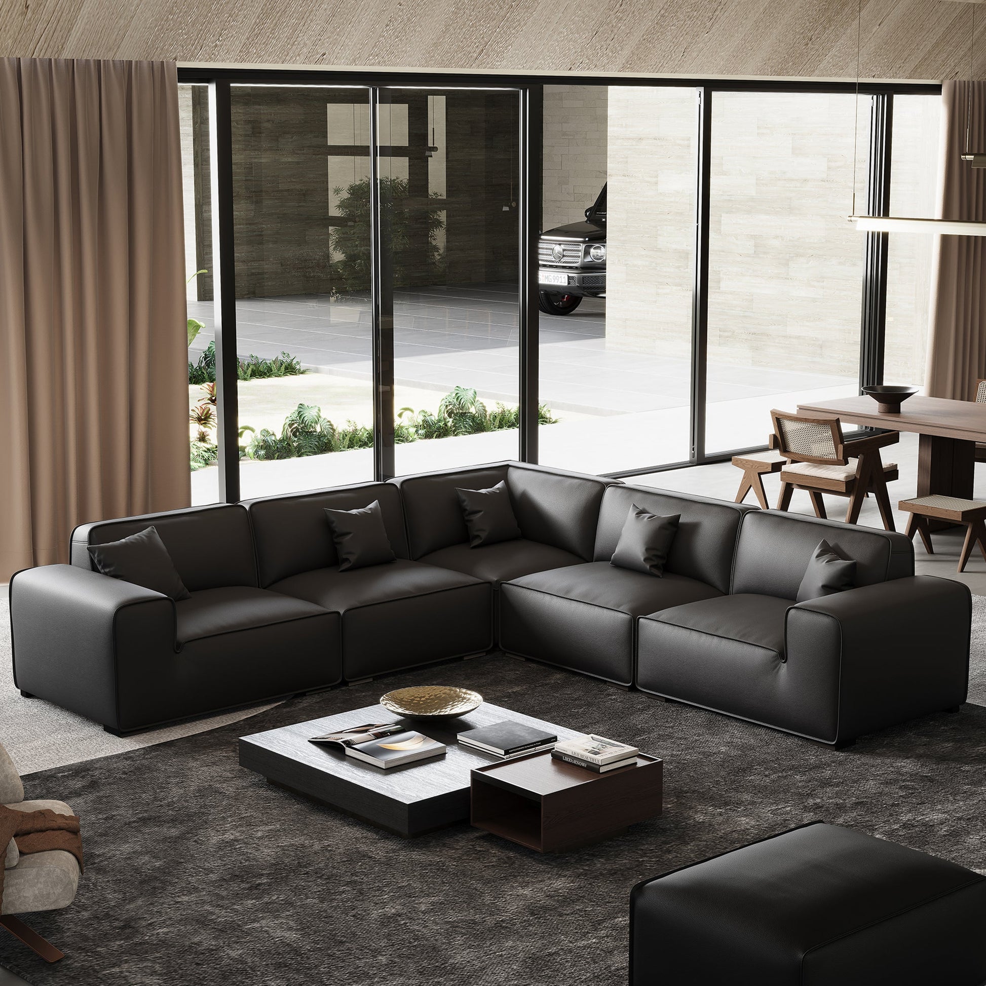 Domus Modular Black Leather Sectional Sofa-Black-5 Seater(126.8")