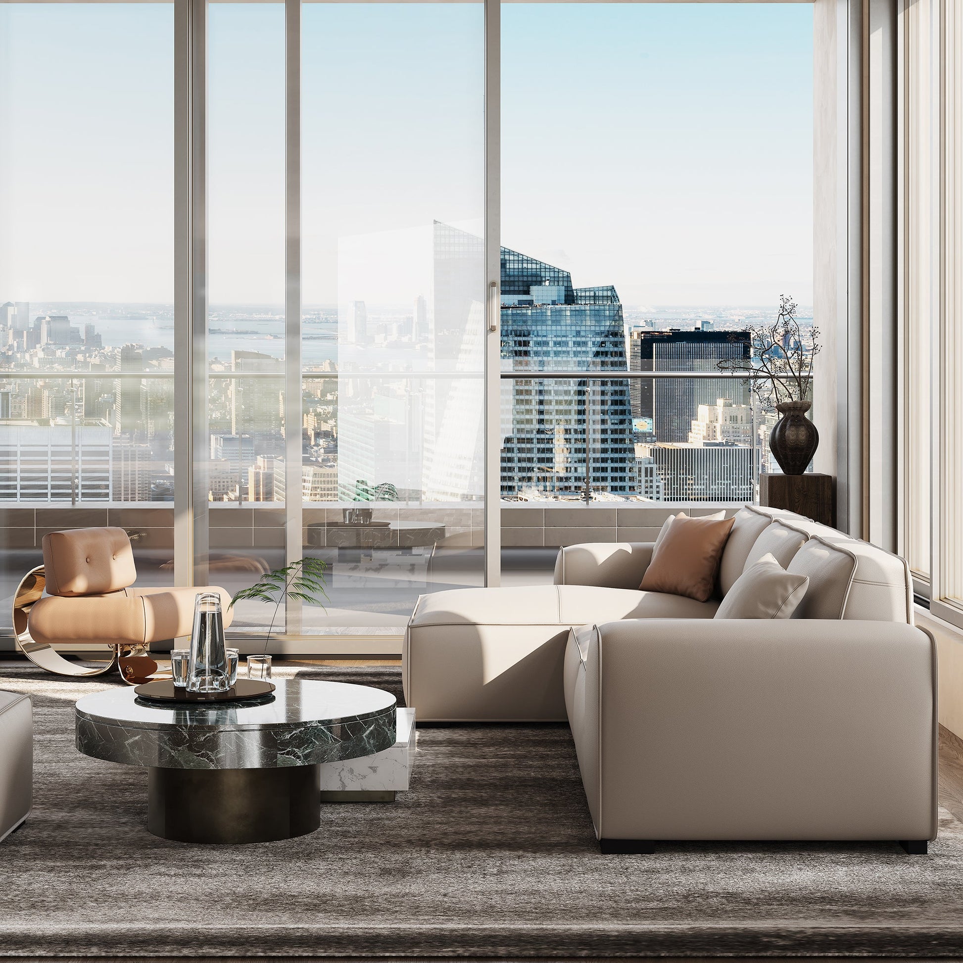 Domus Modular Black Leather Sectional Sofa-Beige