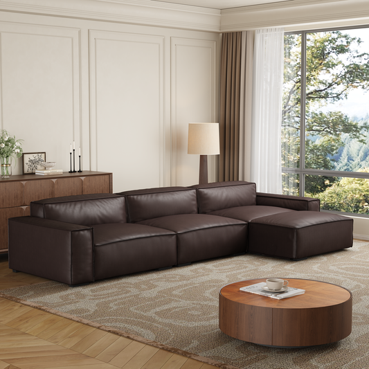 Luxury Minimalist Dark Brown Leather Sofa and Ottoman-Dark Brown