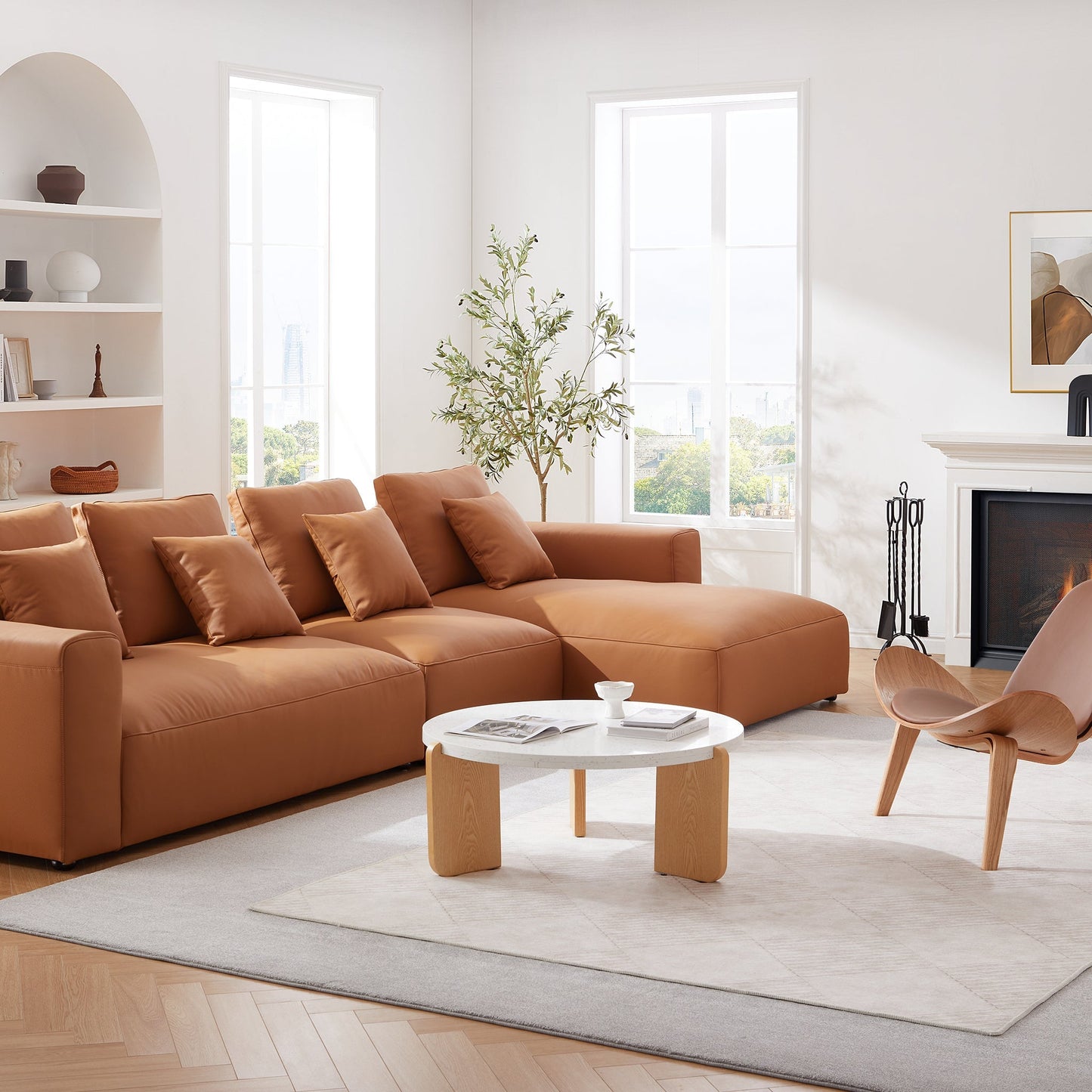 Nathan Modular Orange Leather Sectional Sofa-Orange
