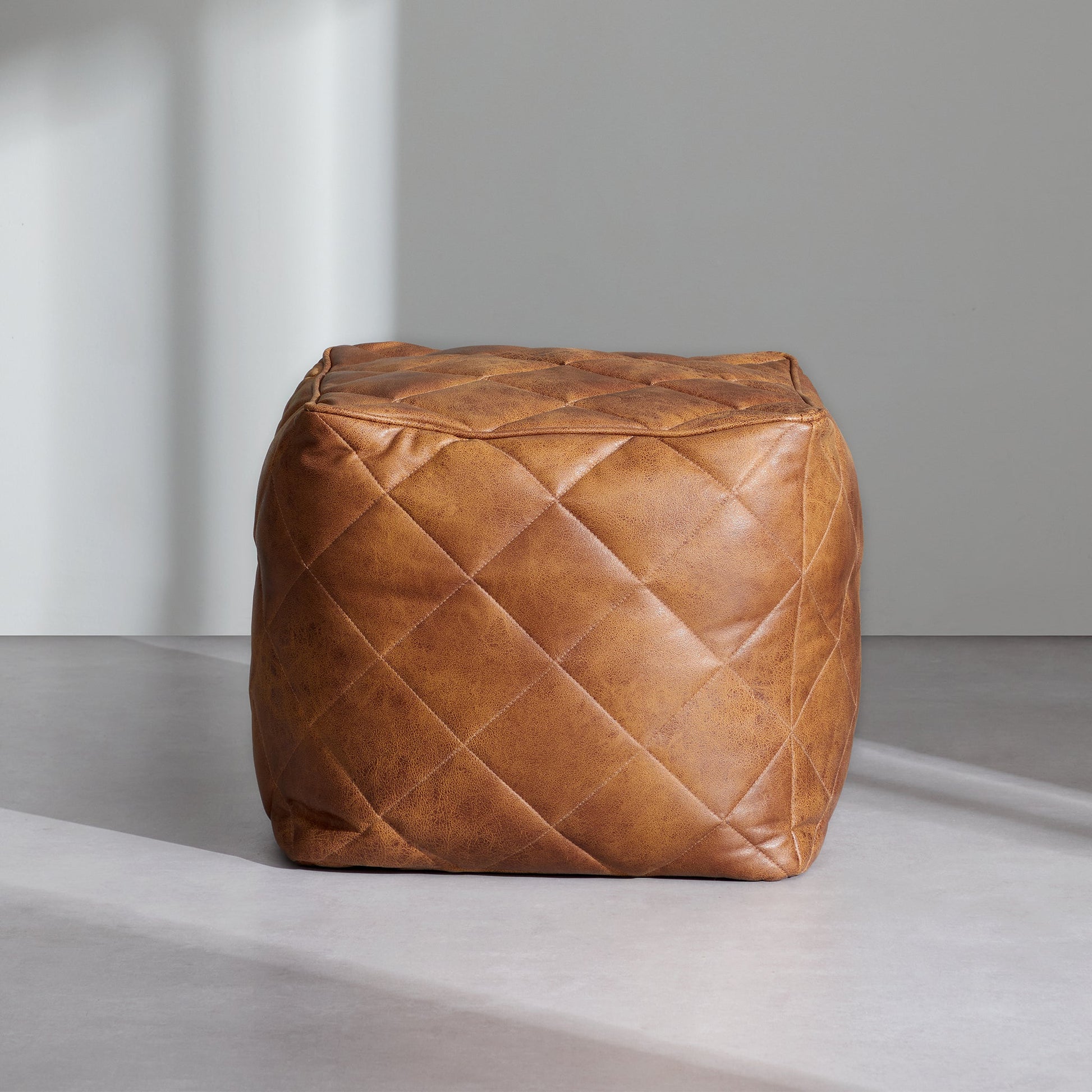 Waffle Tan Leathaire Square Pouf-Tan