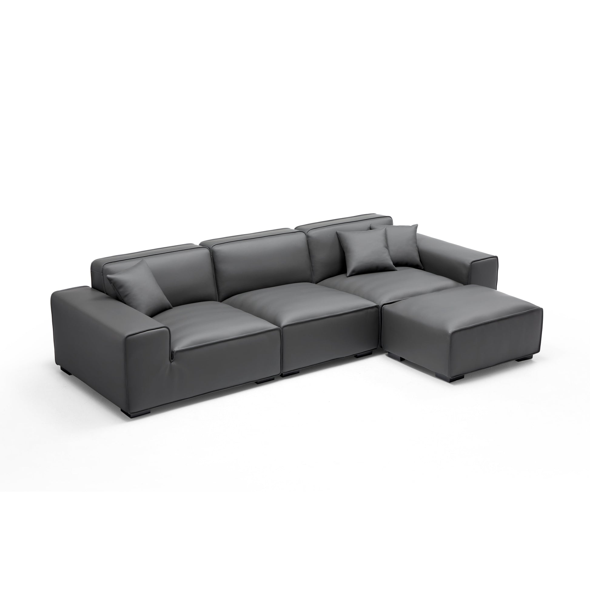 Domus Modular Khaki Leather Sofa and Ottoman-Dark Gray-129.9"