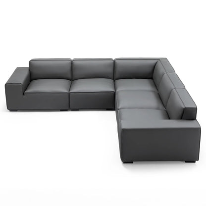 Domus Modular Black Leather L Shaped Sectional-Dark Gray-5 Seater(126.8")