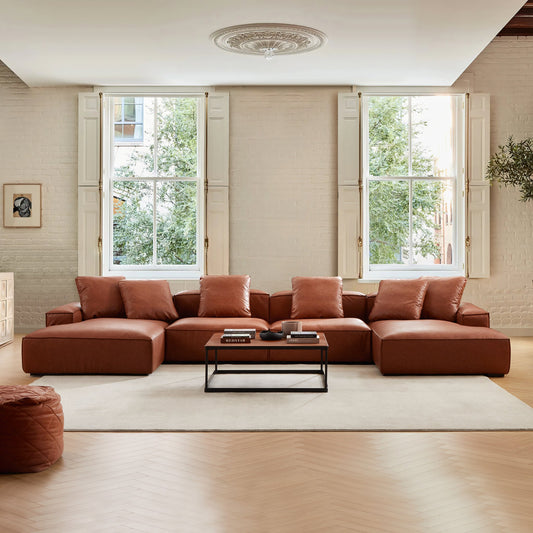 Garvon Vintage Reddish Brown Leathaire Double Chaise Sectional-Reddish Brown