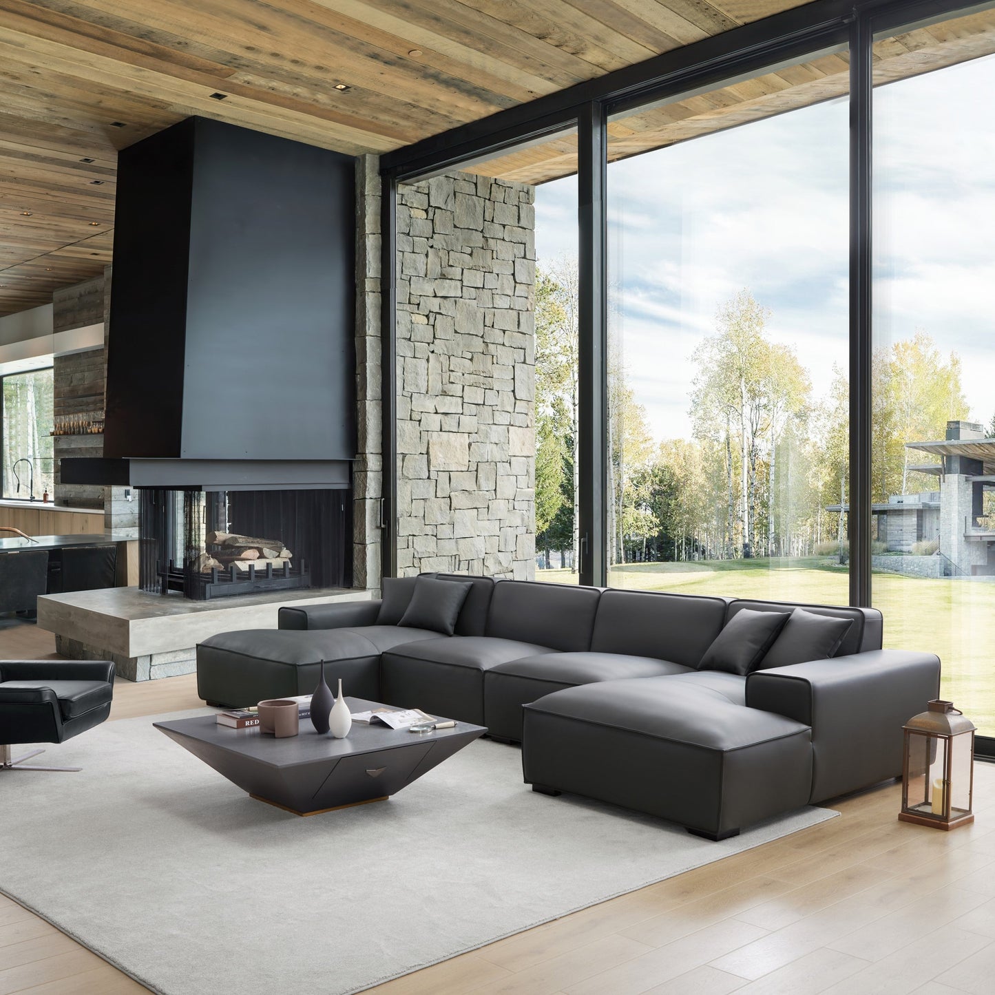Domus Modular Dark Gray Leather U Shaped Sectional Sofa-Dark Gray