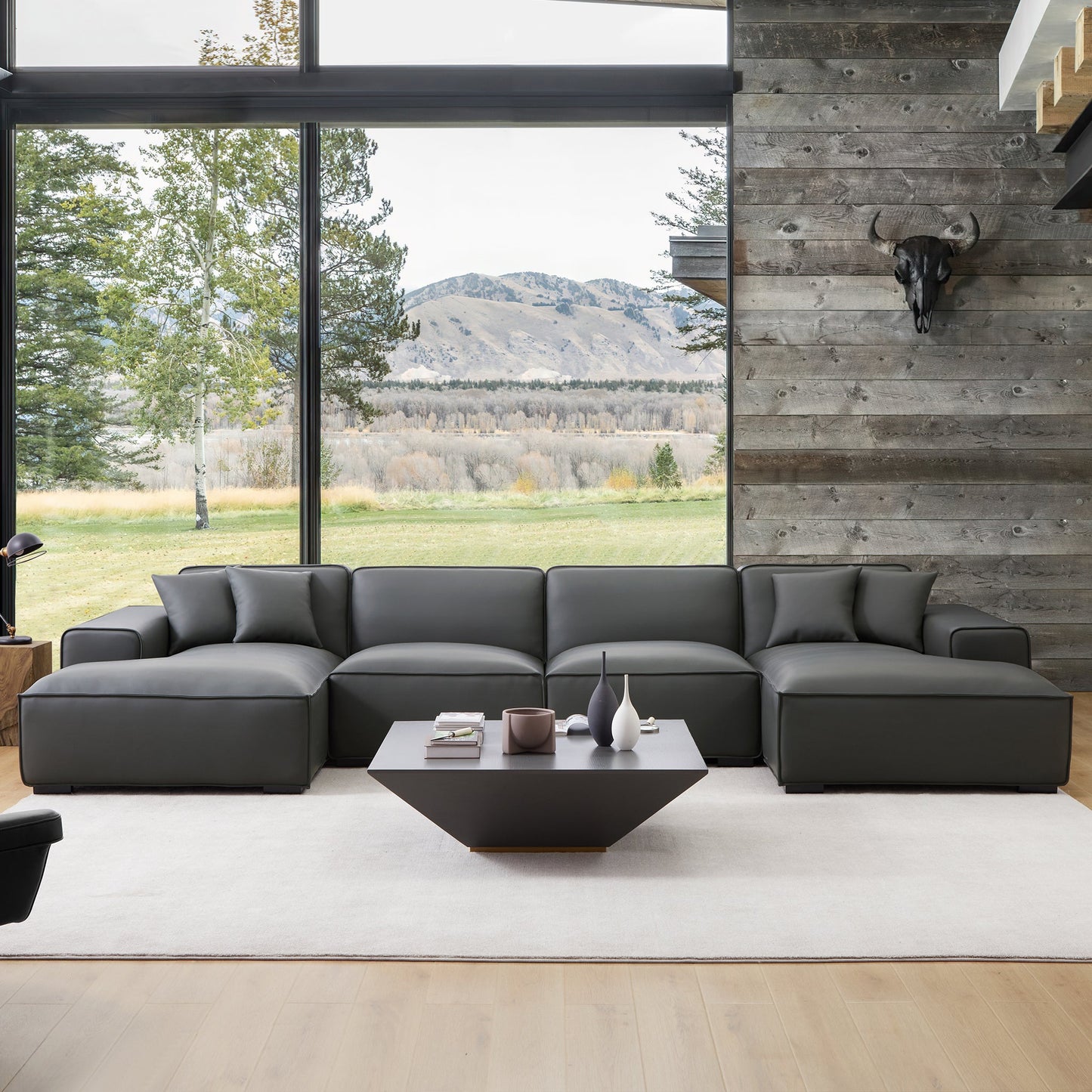 Domus Modular Dark Gray Leather U Shaped Sectional Sofa-Dark Gray