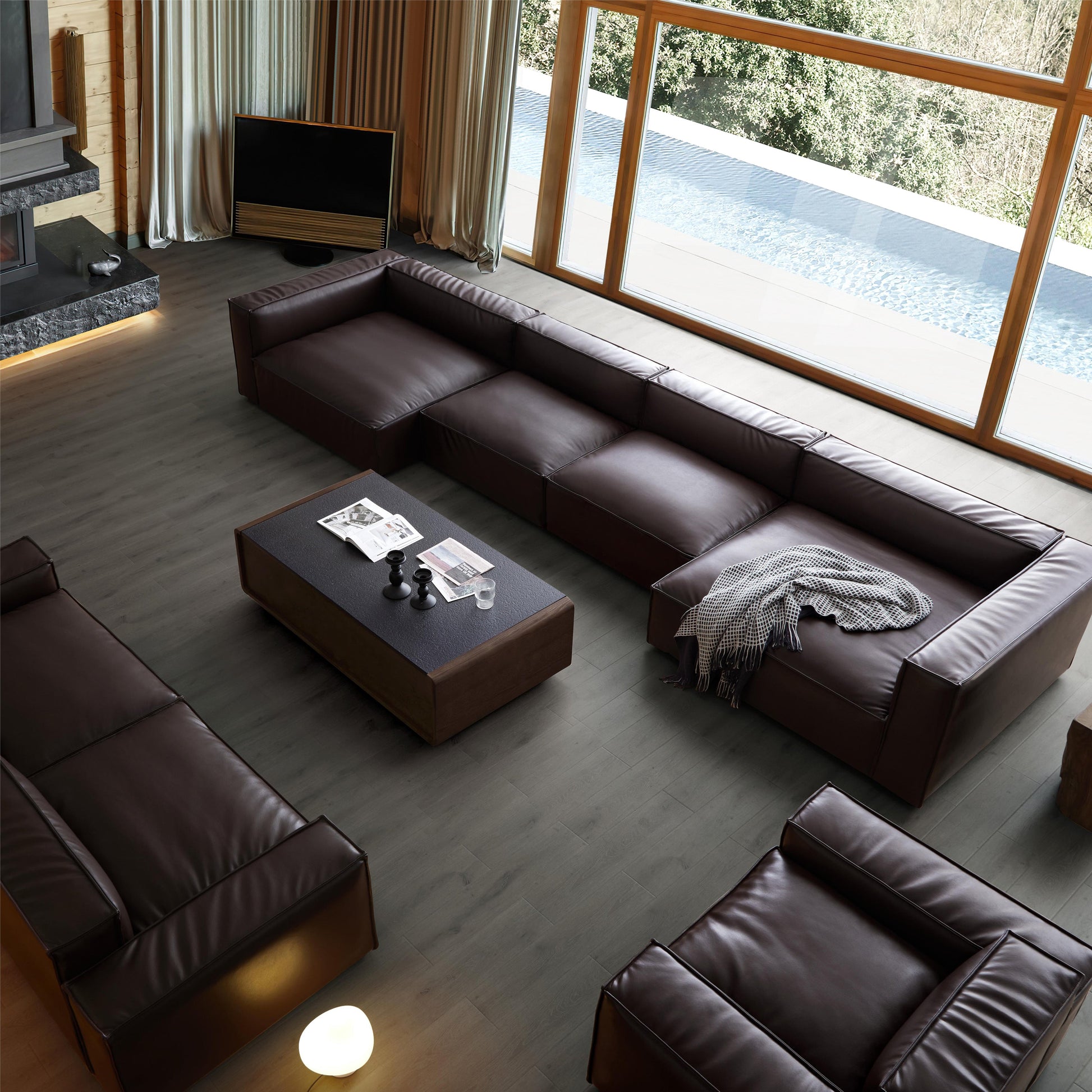 Luxury Minimalist Dark Brown Leather U Shaped Sectional-Dark Brown