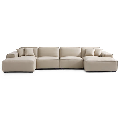 Domus Modular Brown Leather Double Chaise Sectional-Beige-157.5″