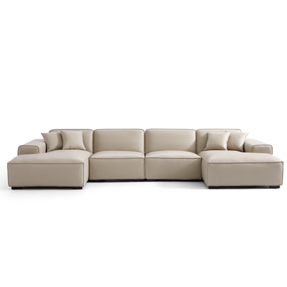 Domus Modular Khaki Leather U Shaped Sectional Sofa-Beige-157.5″