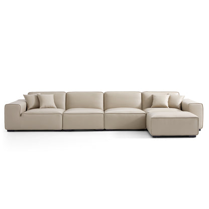 Domus Modular Khaki Leather Sofa and Ottoman-Beige-165.3"