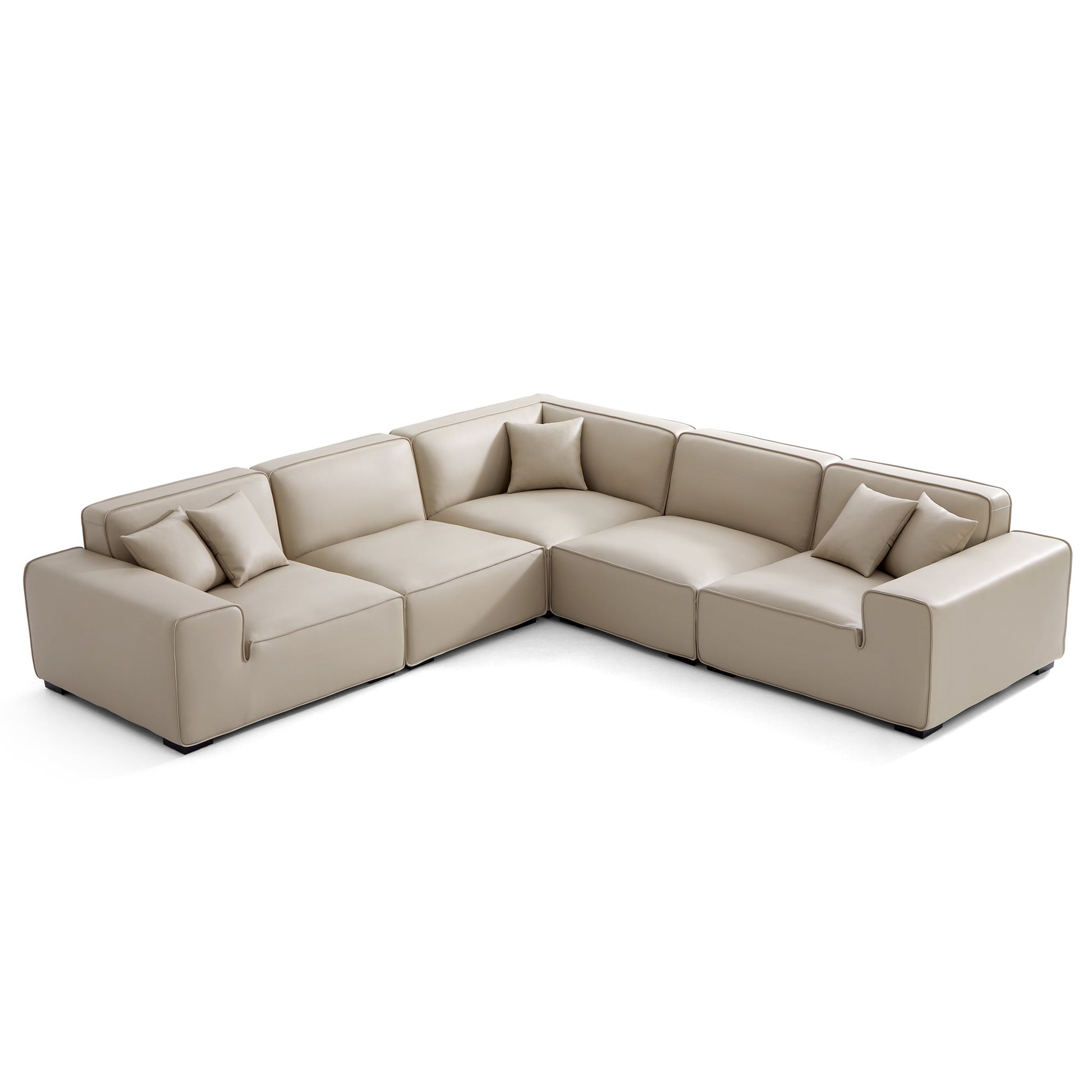 Domus Modular Khaki Leather L Shaped Sectional-Beige-5 Seater(126.8")