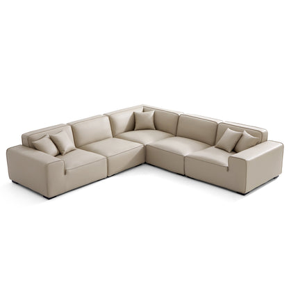 Domus Modular Khaki Leather L Shaped Sectional-Beige-5 Seater(126.8")