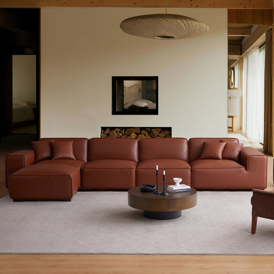 Domus Modular Brown Leather Sofa and Ottoman-Brown