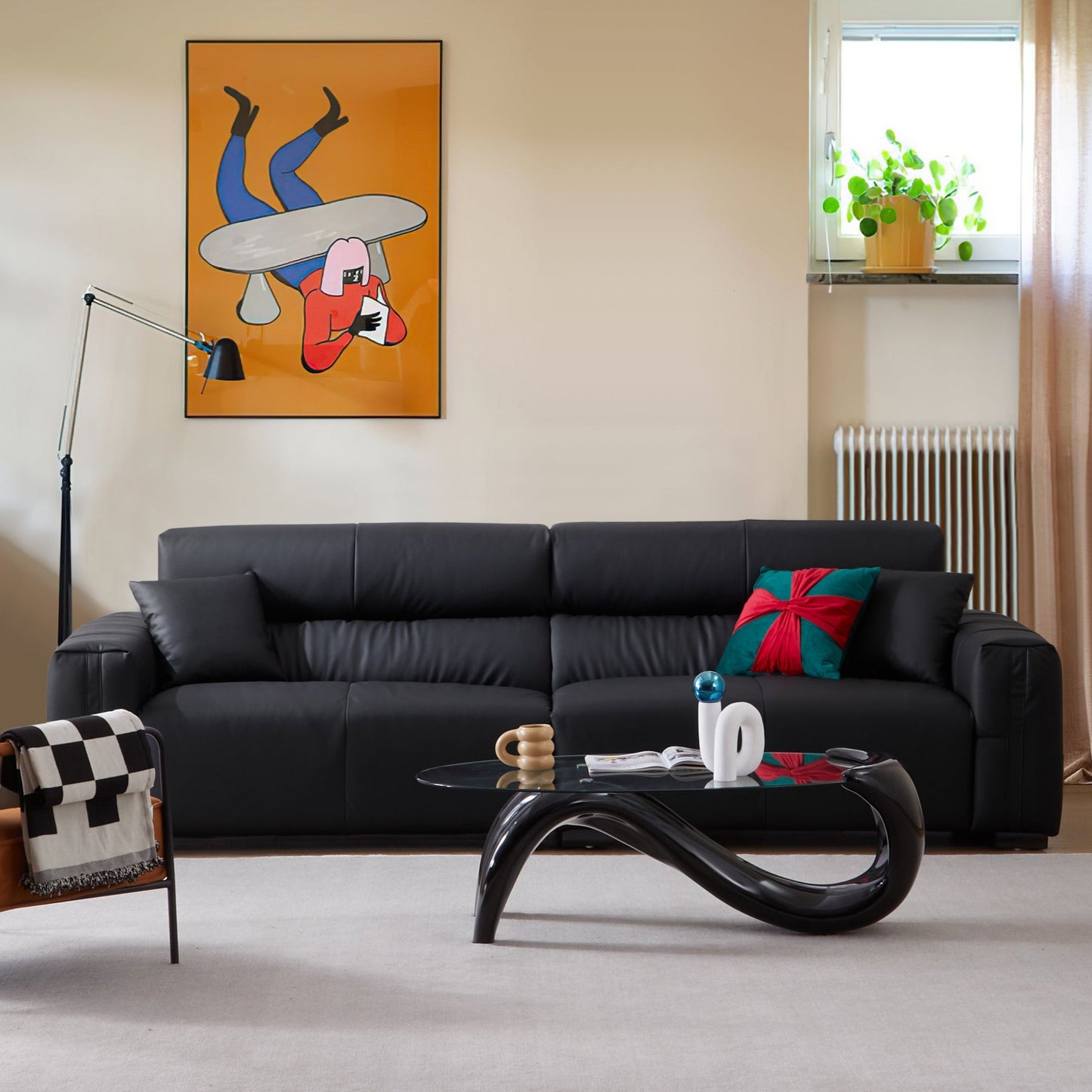 Noir Luxe Black Genuine Leather Sofa-Black
