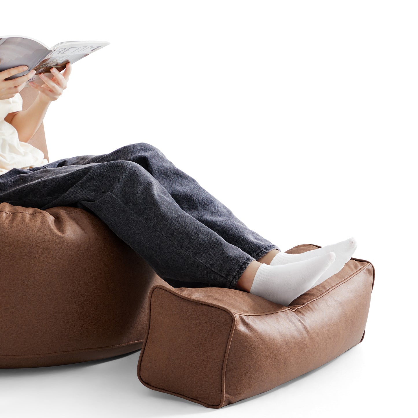 Eclipse lounge Leathaire Gray Beanbag With Ottoman-Brown