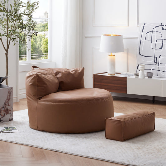Eclipse lounge Leathaire Gray Beanbag With Ottoman-Brown