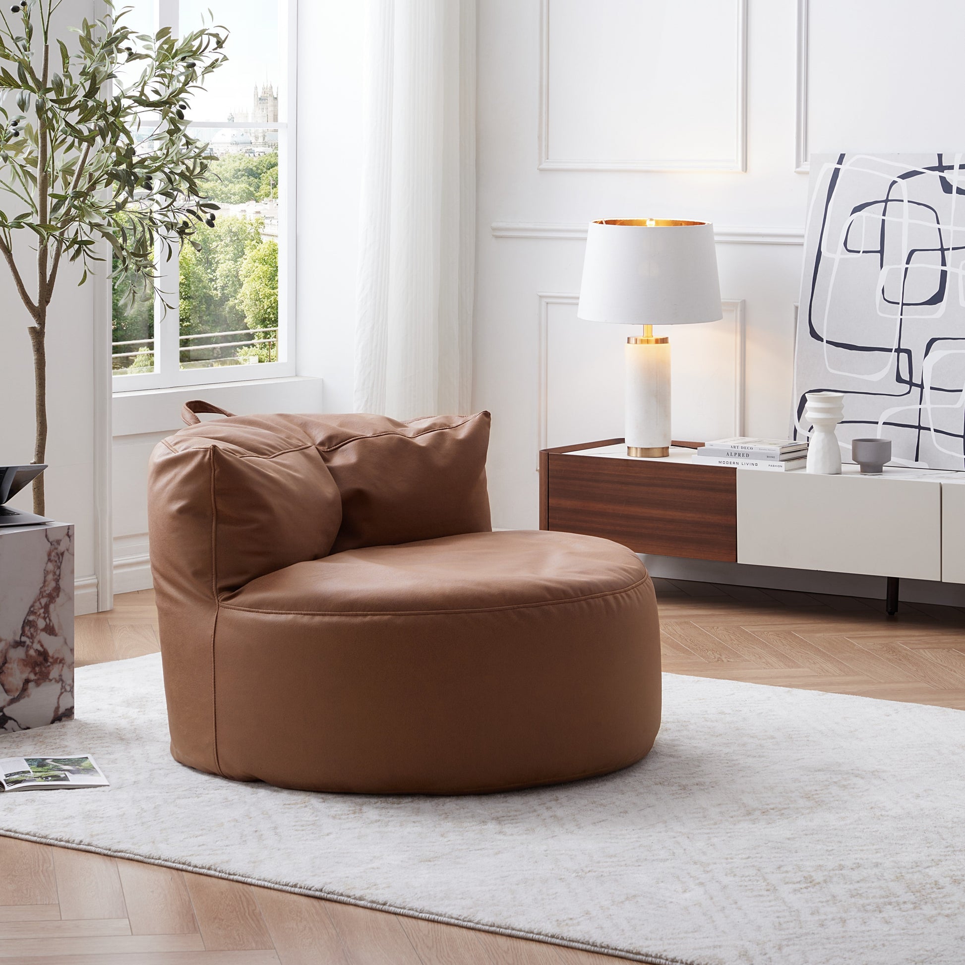 Eclipse lounge Leathaire Gray Beanbag With Ottoman-Brown