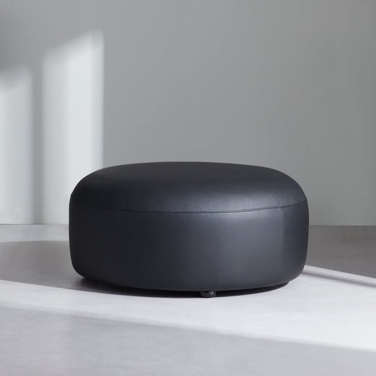 Monolith Round Black Leather Ottoman-Black