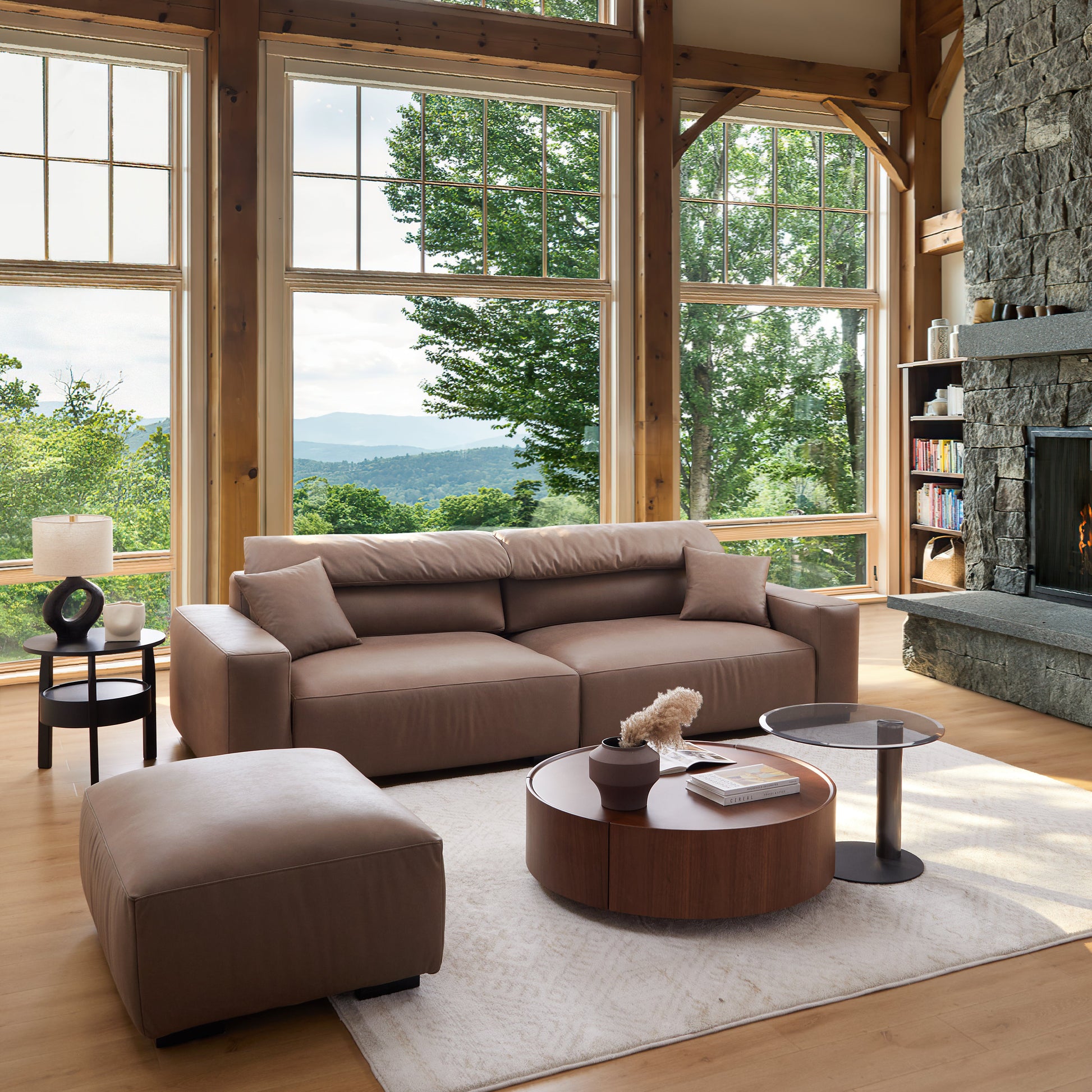 Chestnut Brown Leather Sofa and Ottoman-Brown