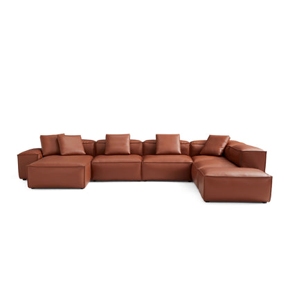 Cube Modular Brown Genuine Leather U Shaped Sectional-Brown